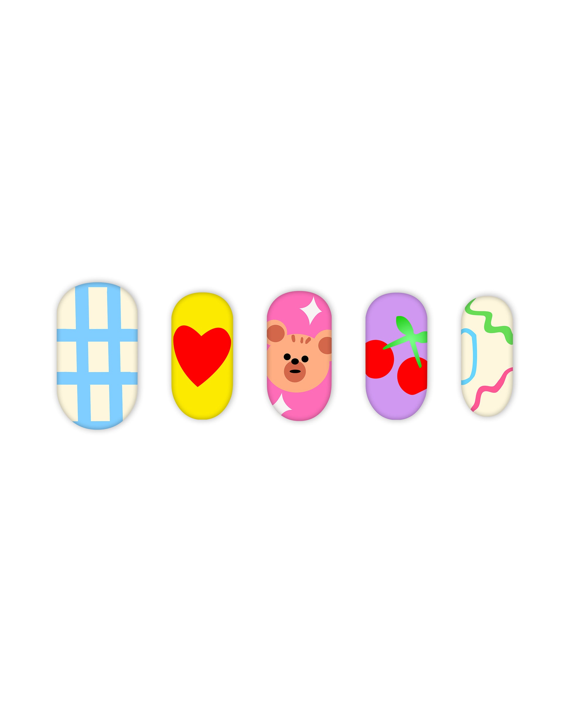 Cute oval-shaped press-on nails set with five playful and colorful designs: pastel blue checkered pattern, bright yellow with a red heart, pink with an adorable bear face and white stars, lavender with red cherries and green stems, and cream with multicolor squiggles. Ideal for beauty enthusiasts looking for quick and easy-to-apply fake nails with trendy nail art.