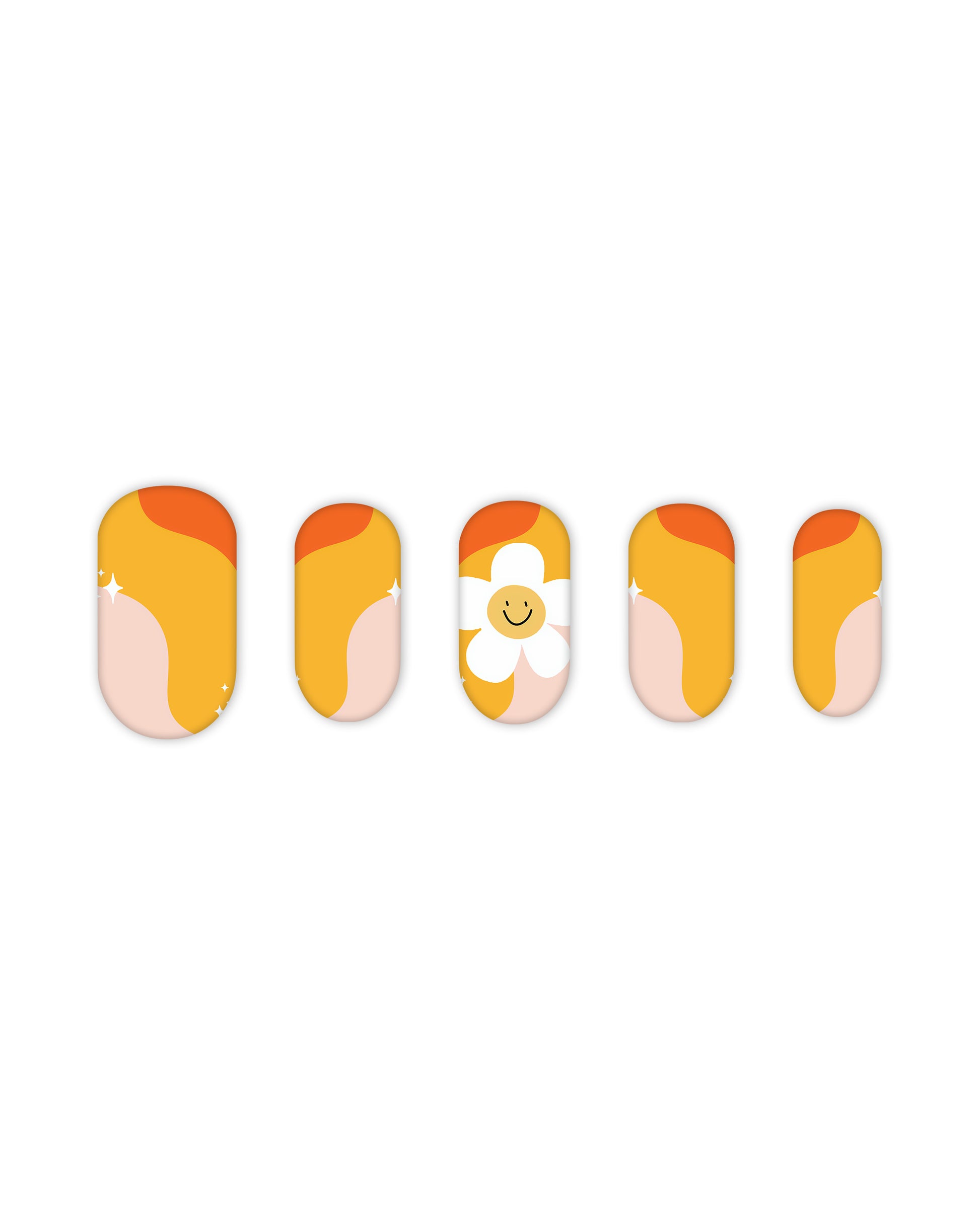 Short, rounded press-on nails with a retro wave design in warm orange, yellow, and peach tones, accented by a cute white daisy with a smiley face. These fun and vibrant nails are perfect for a cheerful and nostalgic summer look.