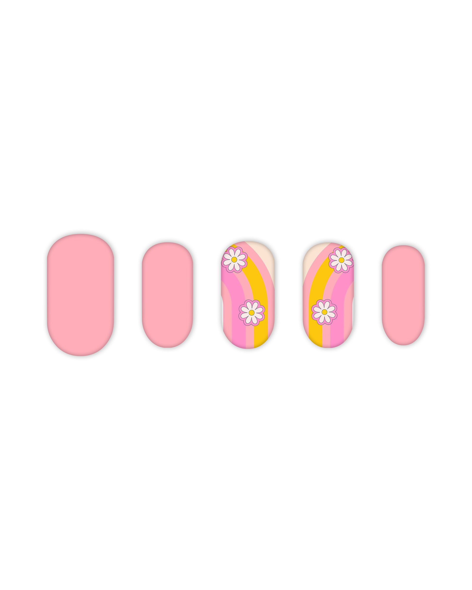 Short oval-shaped press-on nails with a pastel pink base, vibrant rainbow stripes, and white daisy floral accents. Easy-to-apply fake nails for a cheerful and trendy manicure, perfect for beauty lovers seeking quick, stylish nail designs.
