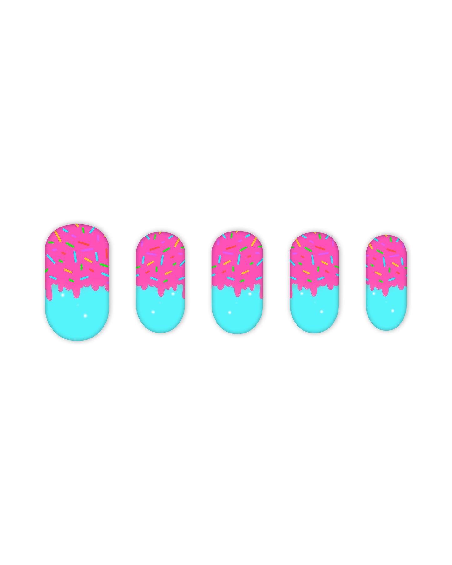 Short round press-on nails with dripping pink frosting and colorful sprinkles over a bright turquoise base – sweet treat-inspired fake nails, artificial glue-on nails, donut-themed nail art design.