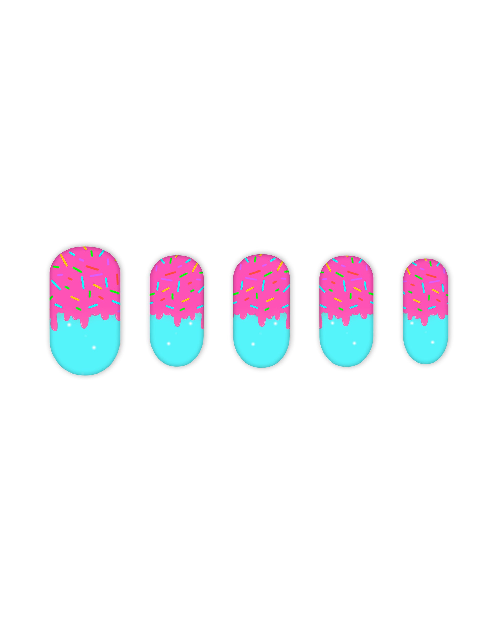 Short round press-on nails with dripping pink frosting and colorful sprinkles over a bright turquoise base – sweet treat-inspired fake nails, artificial glue-on nails, donut-themed nail art design.