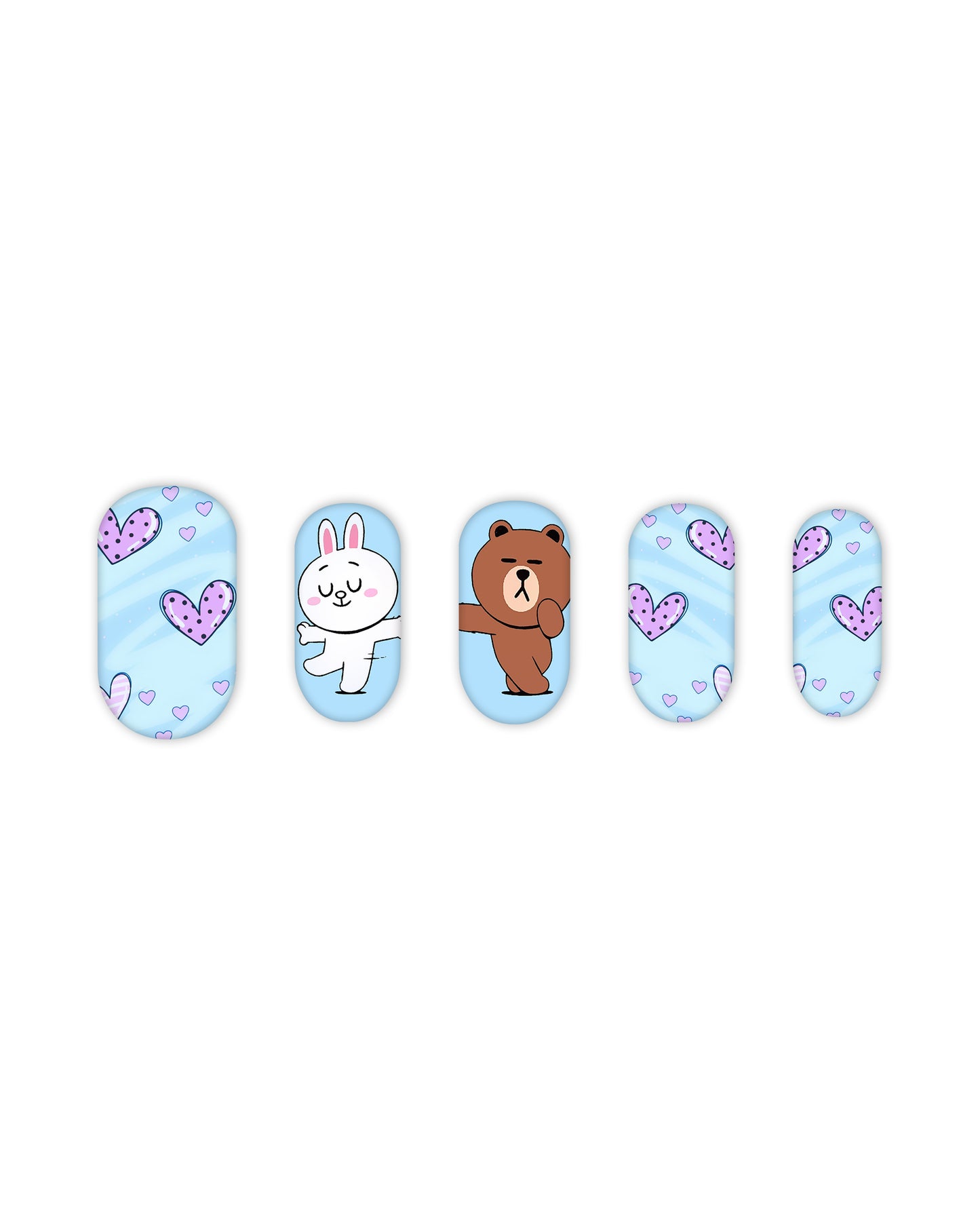 Light blue square press-on nails with purple heart designs and cute cartoon bear and bunny characters, medium-length glossy fake nails, artificial nails, glue-on nails, false nails, ready-to-wear manicure.