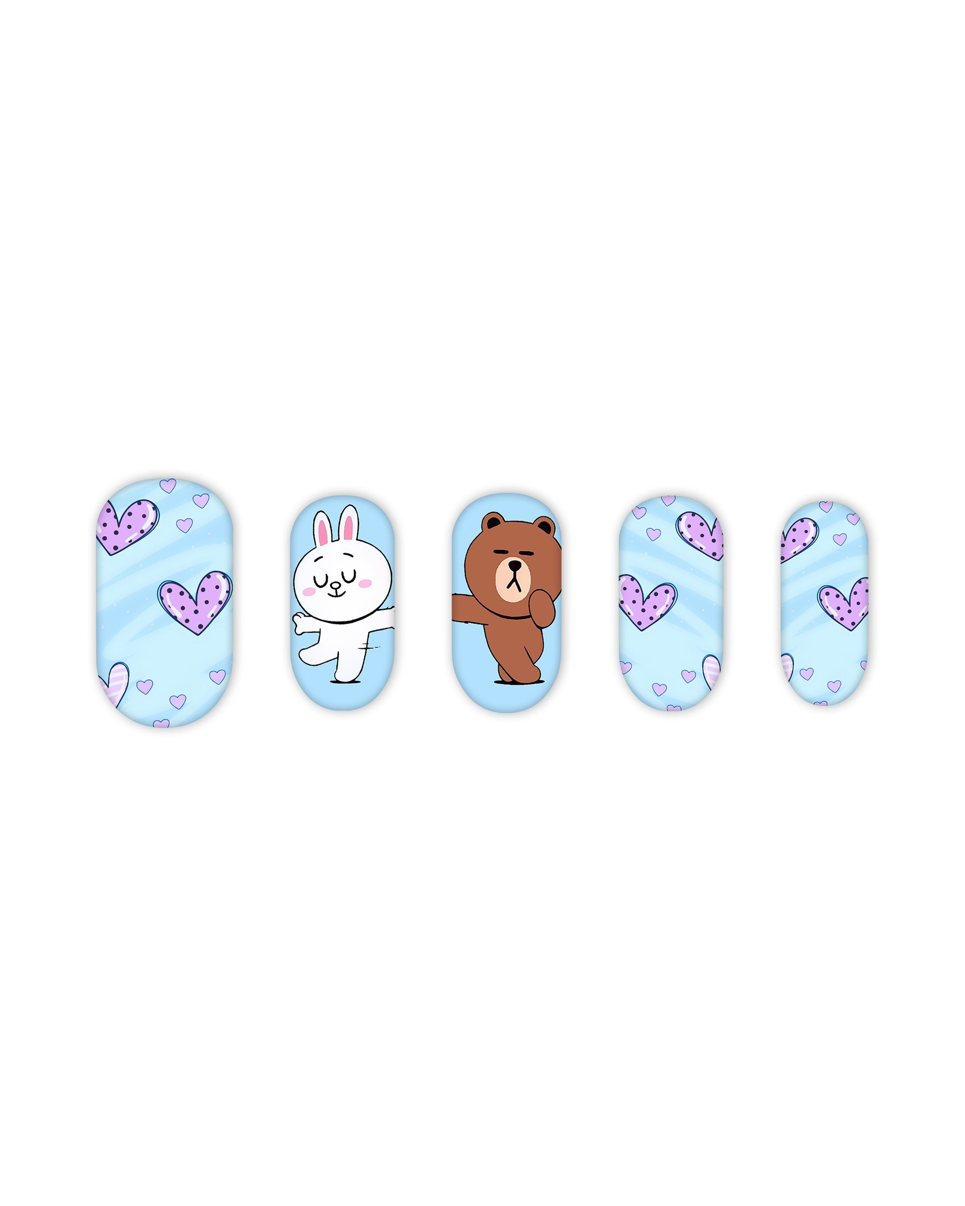 Light blue square press-on nails with purple heart designs and cute cartoon bear and bunny characters, medium-length glossy fake nails, artificial nails, glue-on nails, false nails, ready-to-wear manicure.