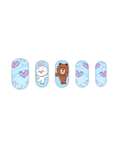 Light blue square press-on nails with purple heart designs and cute cartoon bear and bunny characters, medium-length glossy fake nails, artificial nails, glue-on nails, false nails, ready-to-wear manicure.