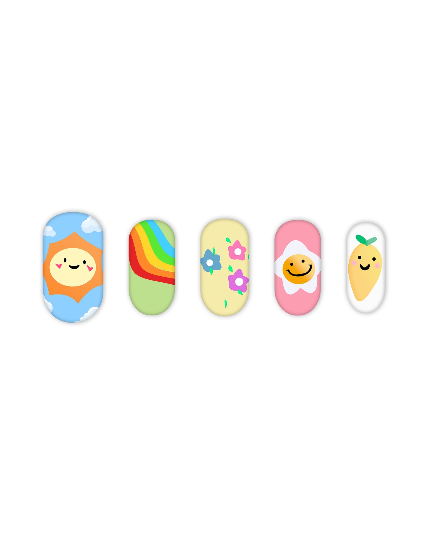 Short oval press-on nails with pastel aesthetic designs – smiling sun, rainbow, floral, daisy smiley, and lemon nail art for a cute and trendy manicure.