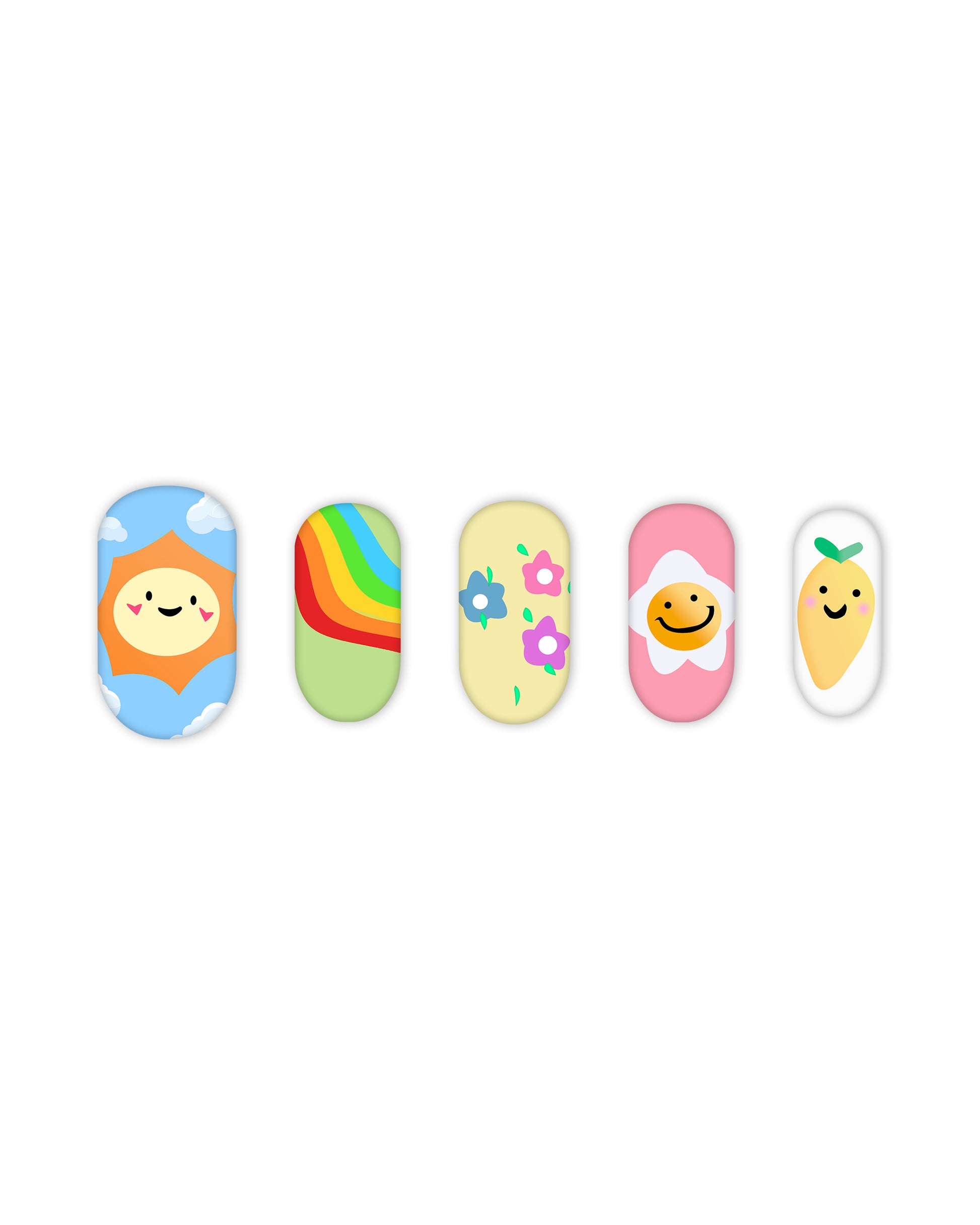 Short oval press-on nails with pastel aesthetic designs – smiling sun, rainbow, floral, daisy smiley, and lemon nail art for a cute and trendy manicure.
