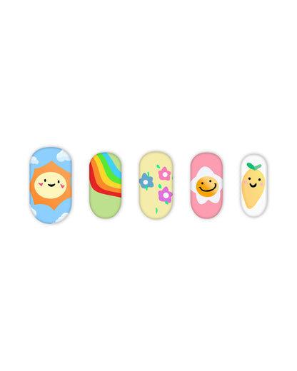 Short oval press-on nails with pastel aesthetic designs – smiling sun, rainbow, floral, daisy smiley, and lemon nail art for a cute and trendy manicure.