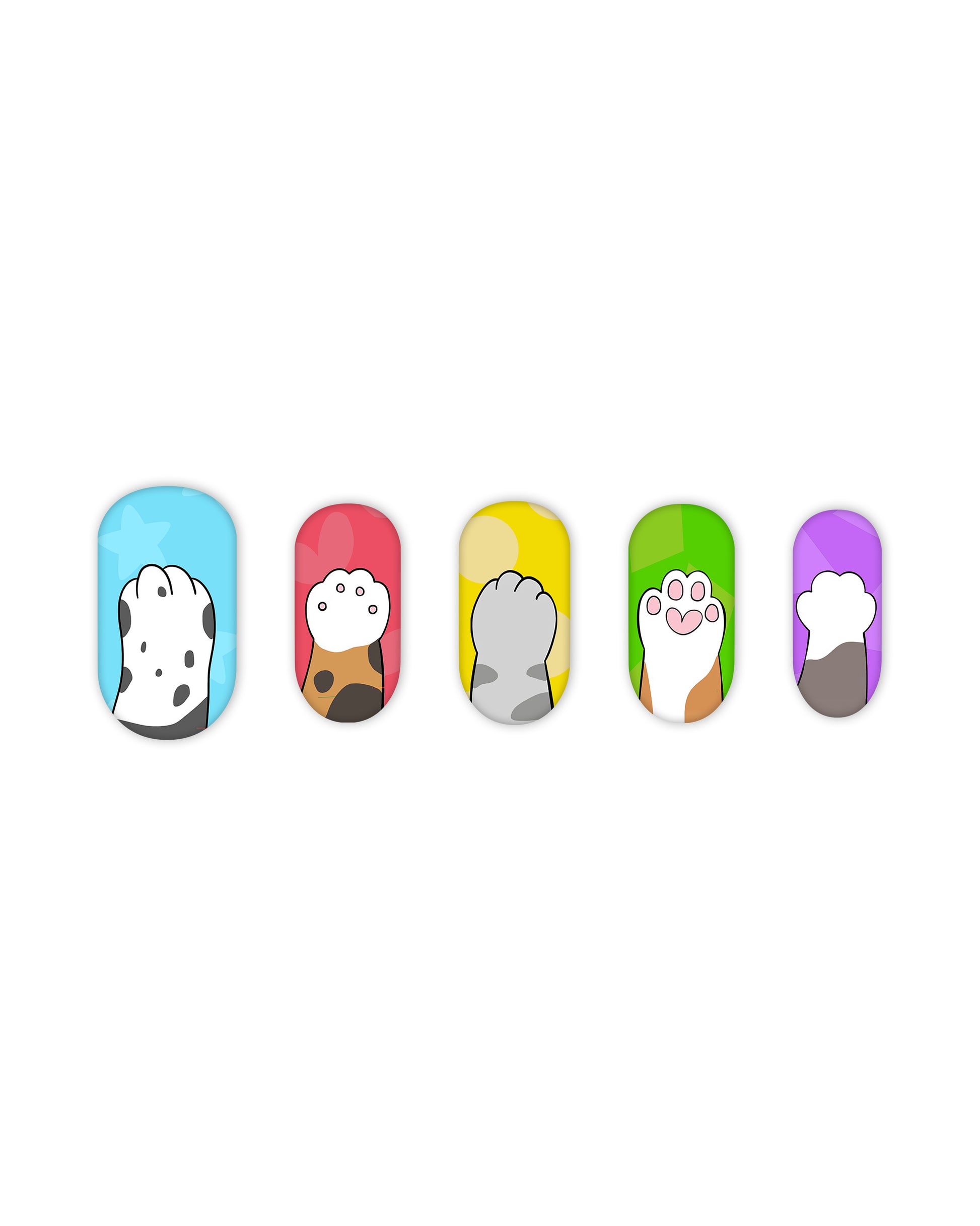 Colorful oval-shaped press-on nails with cute cat paw designs – fake nails in pastel blue, red, yellow, green, and purple. Easy-to-apply, reusable nail art for beauty and fashion lovers.