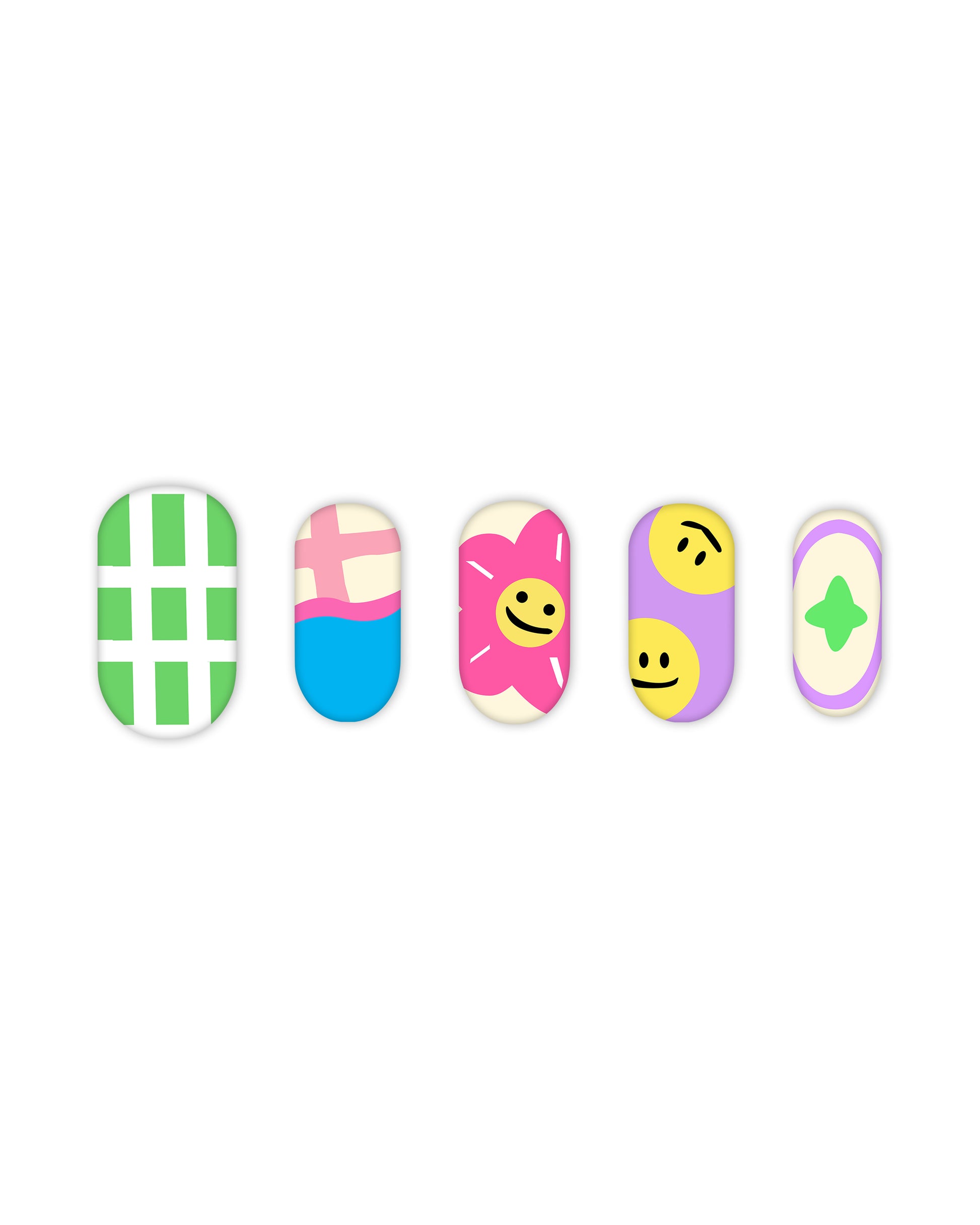 Cute and colorful short square press-on nails set featuring five playful designs: green and white checkered pattern, pink and blue half-and-half with a grid design, cream with a pink flower and a cheerful yellow smiley face, lavender with double yellow smiley faces, and cream with a purple oval and green star. Perfect for beauty lovers looking for quick and easy-to-apply fake nails with trendy and vibrant nail art.