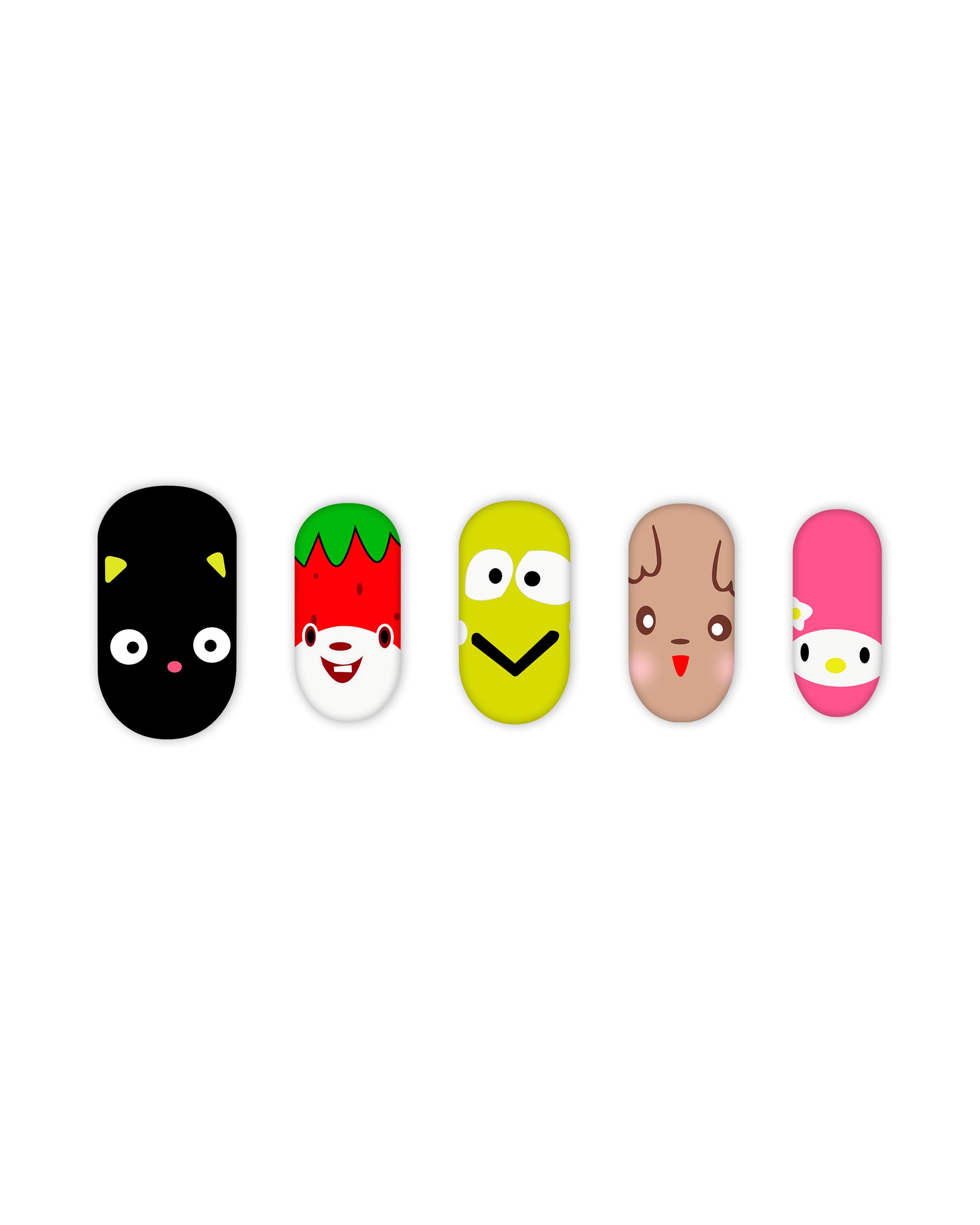 Fun and colorful short square press-on nails with playful cartoon character designs including a black cat, smiling strawberry, quirky yellow face, blushing brown character, and a pink bunny with floral accents. Quick and easy to apply fake nails, ideal for beauty lovers seeking a creative and vibrant manicure without a salon visit.