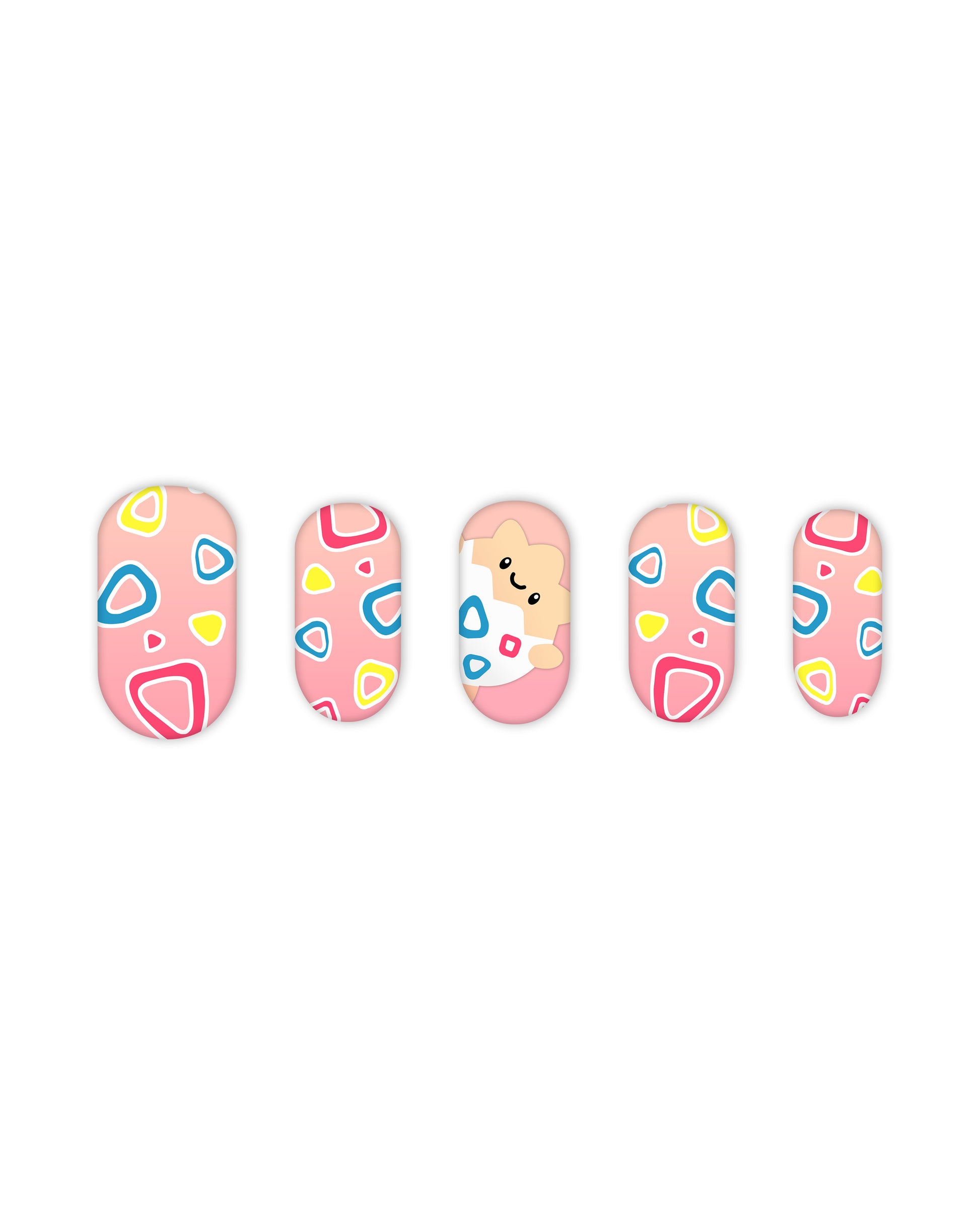 Short round press-on nails with pastel pink base, cute cartoon bear accent, and colorful abstract shapes – kawaii glue-on nails, fake nails, playful nail art for kids, teens, and fun everyday looks.