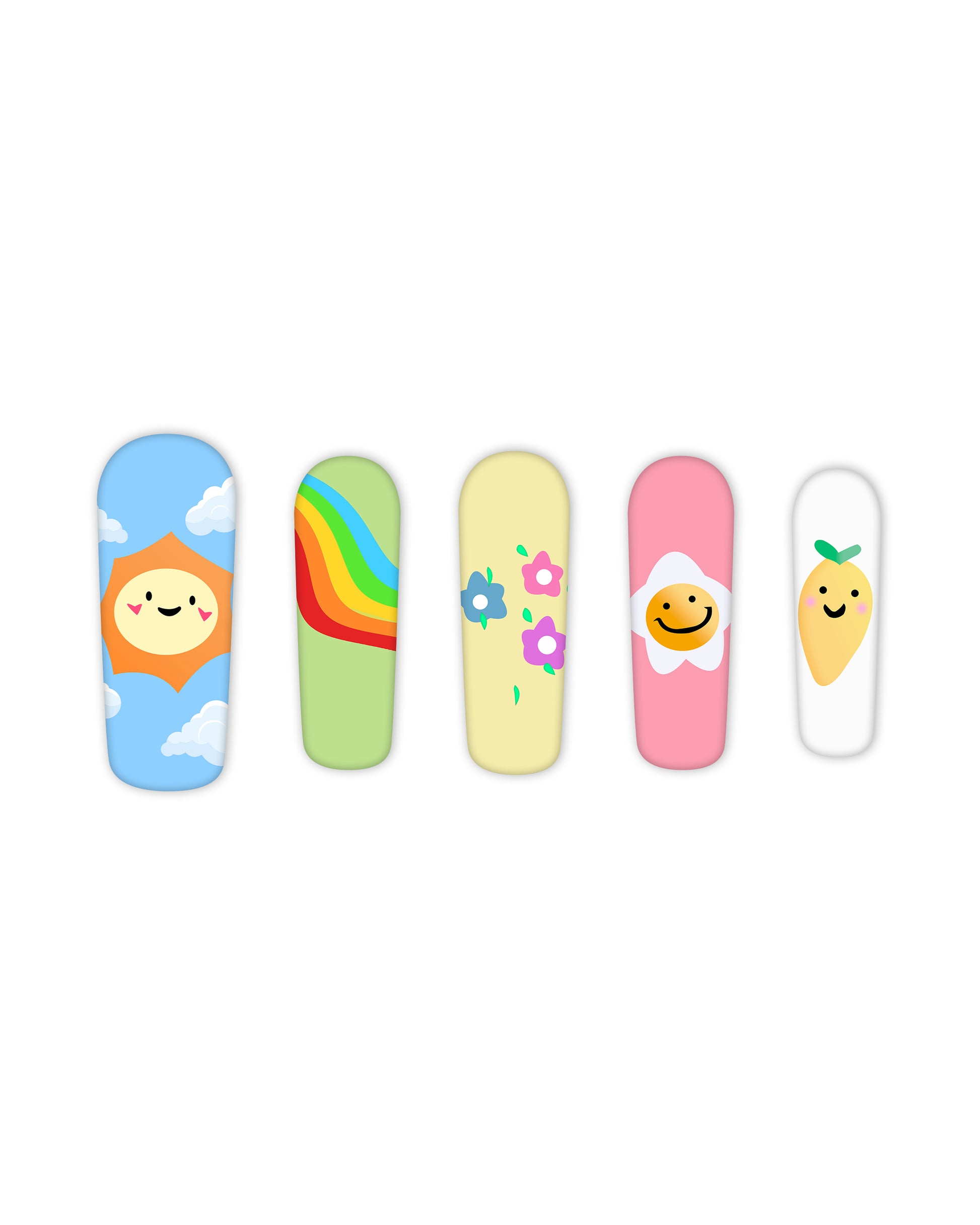 Cute pastel coffin-shaped press-on nails with playful designs – sun, rainbow, floral, daisy smiley, and lemon art for a trendy aesthetic manicure.
