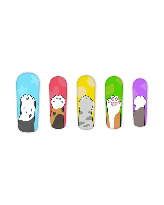 Cat-themed press-on nails featuring adorable paw print designs in pastel shades of blue, red, yellow, green, and purple. Quick and easy-to-apply fake nails, perfect for cat lovers and beauty enthusiasts seeking a fun, playful manicure. Ideal for adding a whimsical touch to your nail look.