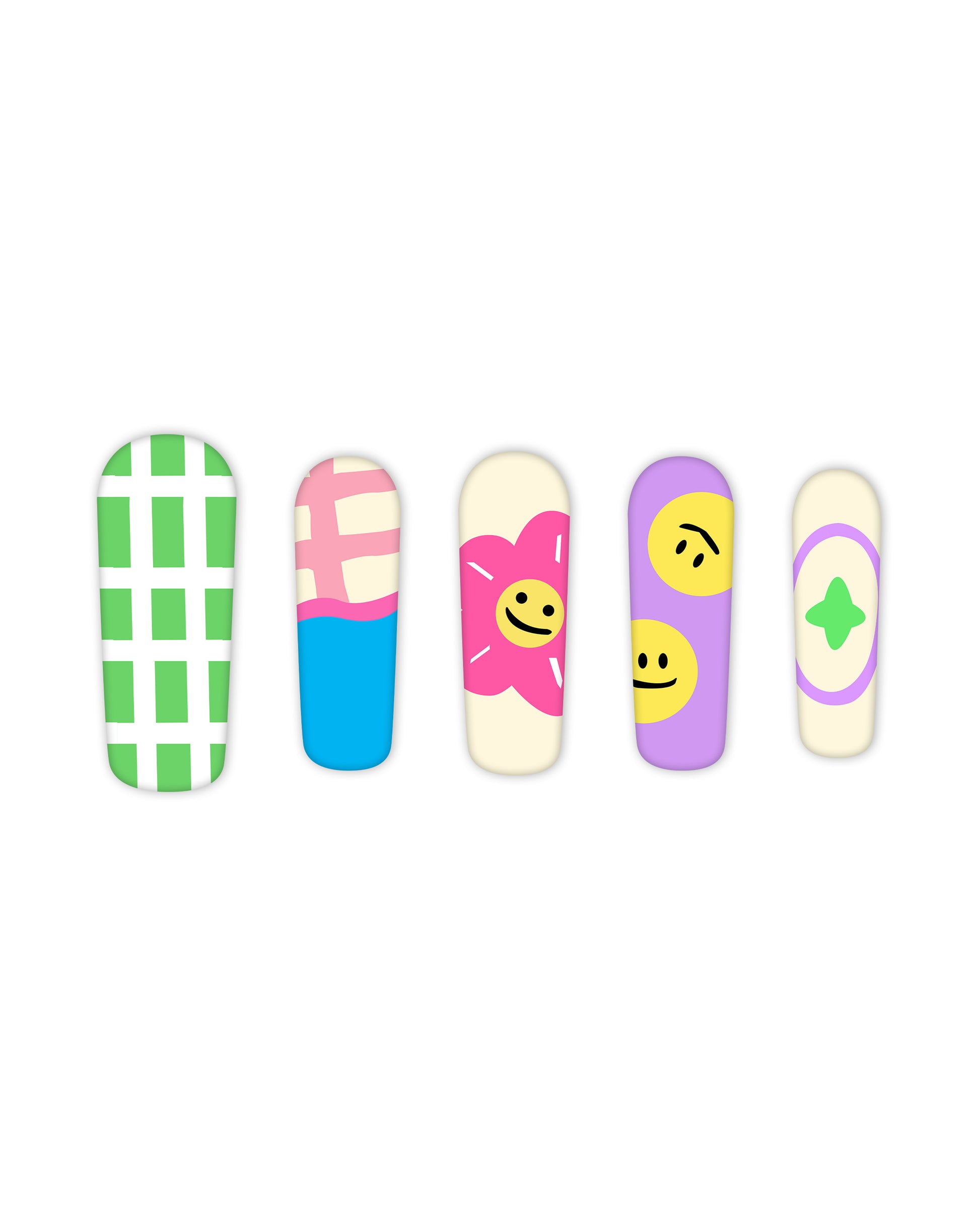 Fun and colorful press-on nails set with a coffin shape, featuring five unique designs: green and white checkered pattern, pink and blue half-and-half with a grid design, cream with a pink flower and a yellow smiley face, lavender with double yellow smiley faces, and cream with a purple oval and green star. Perfect for beauty enthusiasts seeking quick and easy-to-apply fake nails with trendy, playful nail art.