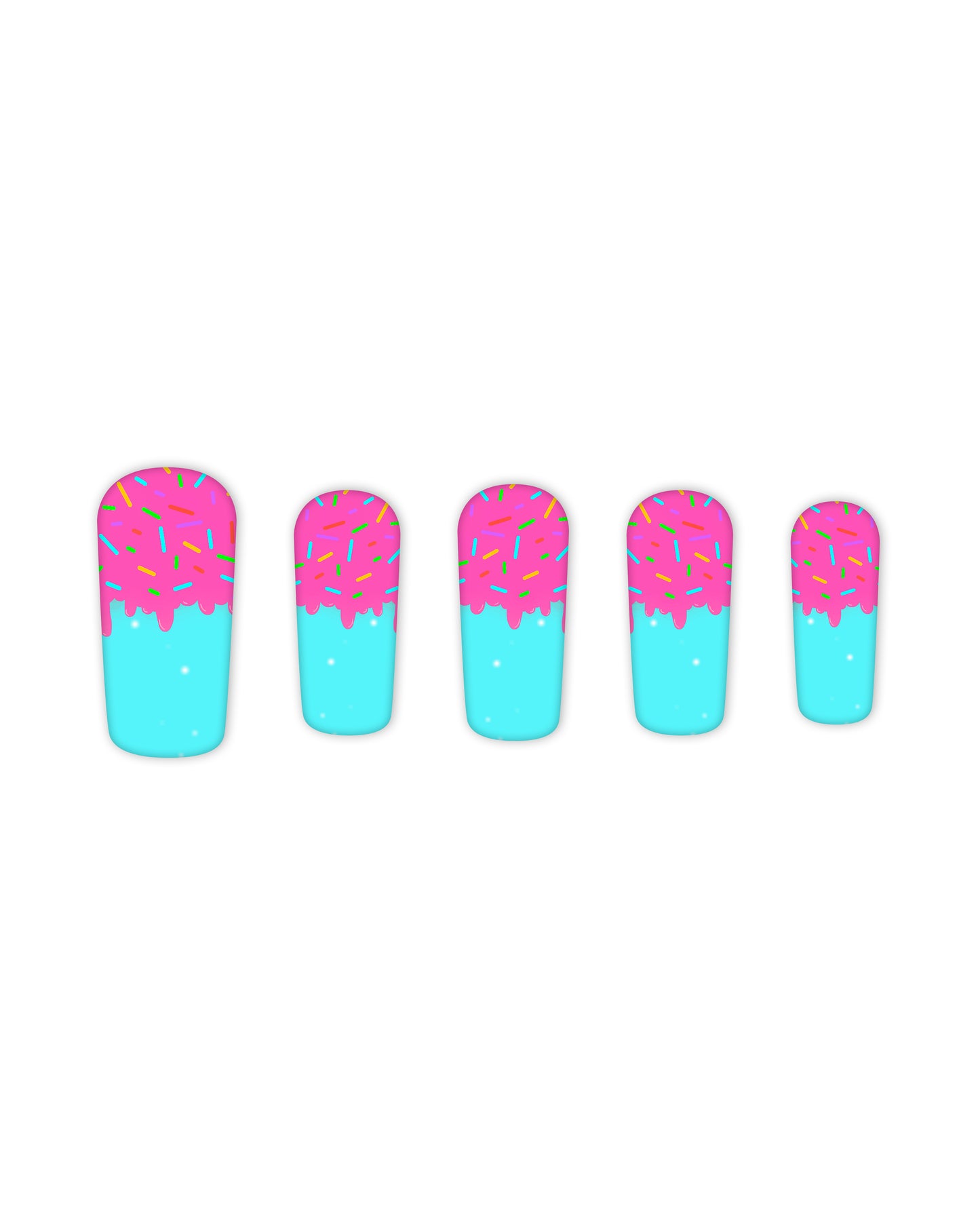 Square-shaped press-on nails with pink frosting and multicolor sprinkles over a turquoise blue base – donut-themed artificial nails, glue-on nails, candy-inspired fake nails for a playful manicure.