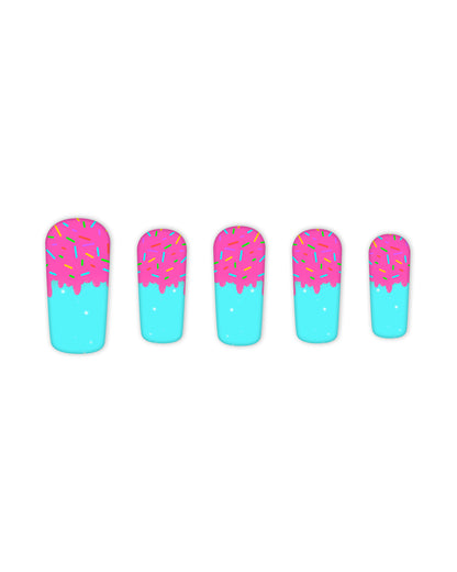 Square-shaped press-on nails with pink frosting and multicolor sprinkles over a turquoise blue base – donut-themed artificial nails, glue-on nails, candy-inspired fake nails for a playful manicure.