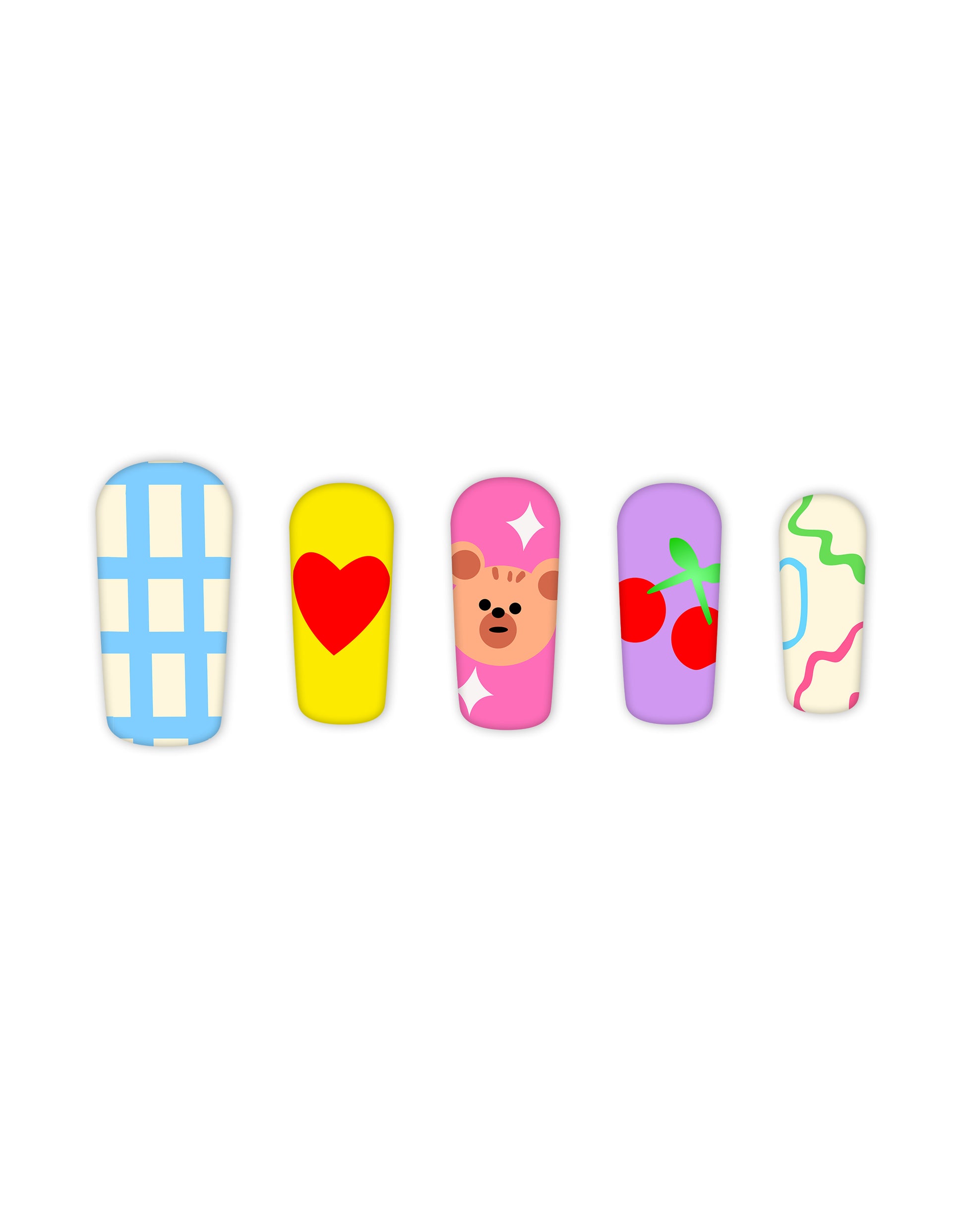 Trendy press-on nails set with a square shape, featuring five fun and vibrant designs: pastel blue checkered pattern, bold yellow with a red heart, pink with a cute bear face and white stars, lavender with red cherries and green stems, and cream with playful multicolor squiggles. Perfect for beauty lovers seeking quick and easy-to-apply fake nails with stylish and creative nail art.