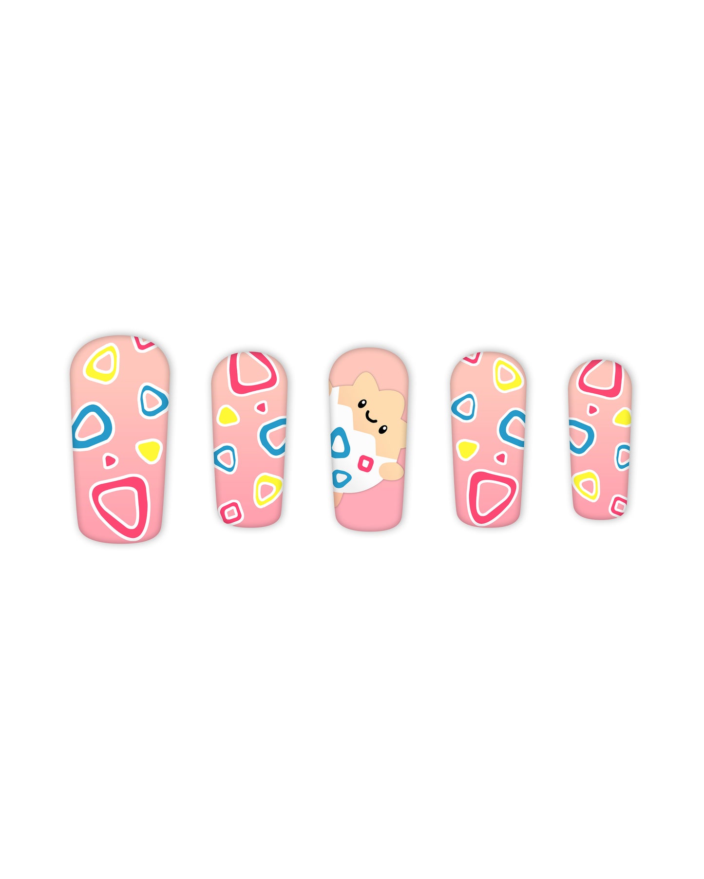 Pink press-on nails with colorful abstract patterns and cute bear design, featuring rounded square (square) shape, multicolored blue, yellow, and red accents, medium length, glossy finish.