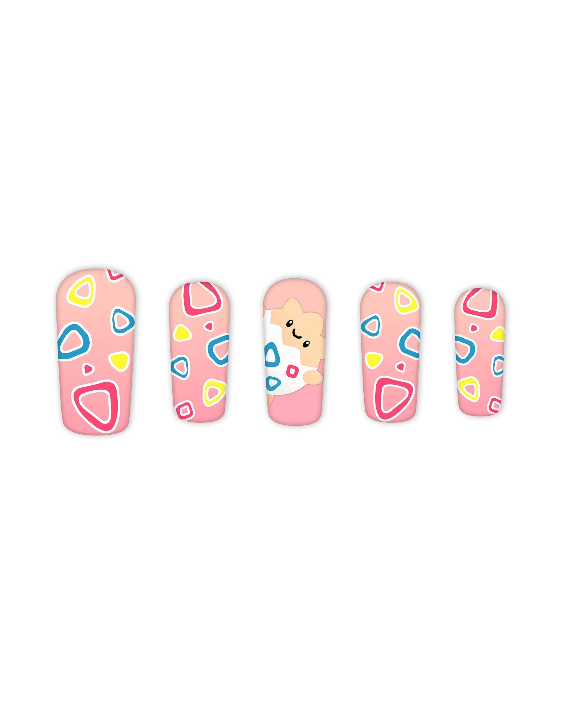 Pink press-on nails with colorful abstract patterns and cute bear design, featuring rounded square (square) shape, multicolored blue, yellow, and red accents, medium length, glossy finish.