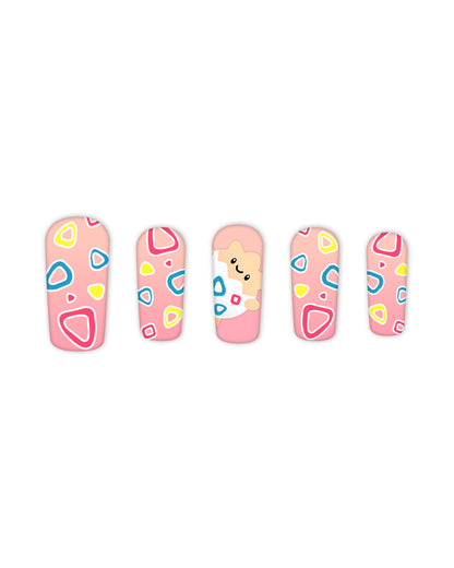 Pink press-on nails with colorful abstract patterns and cute bear design, featuring rounded square (square) shape, multicolored blue, yellow, and red accents, medium length, glossy finish.