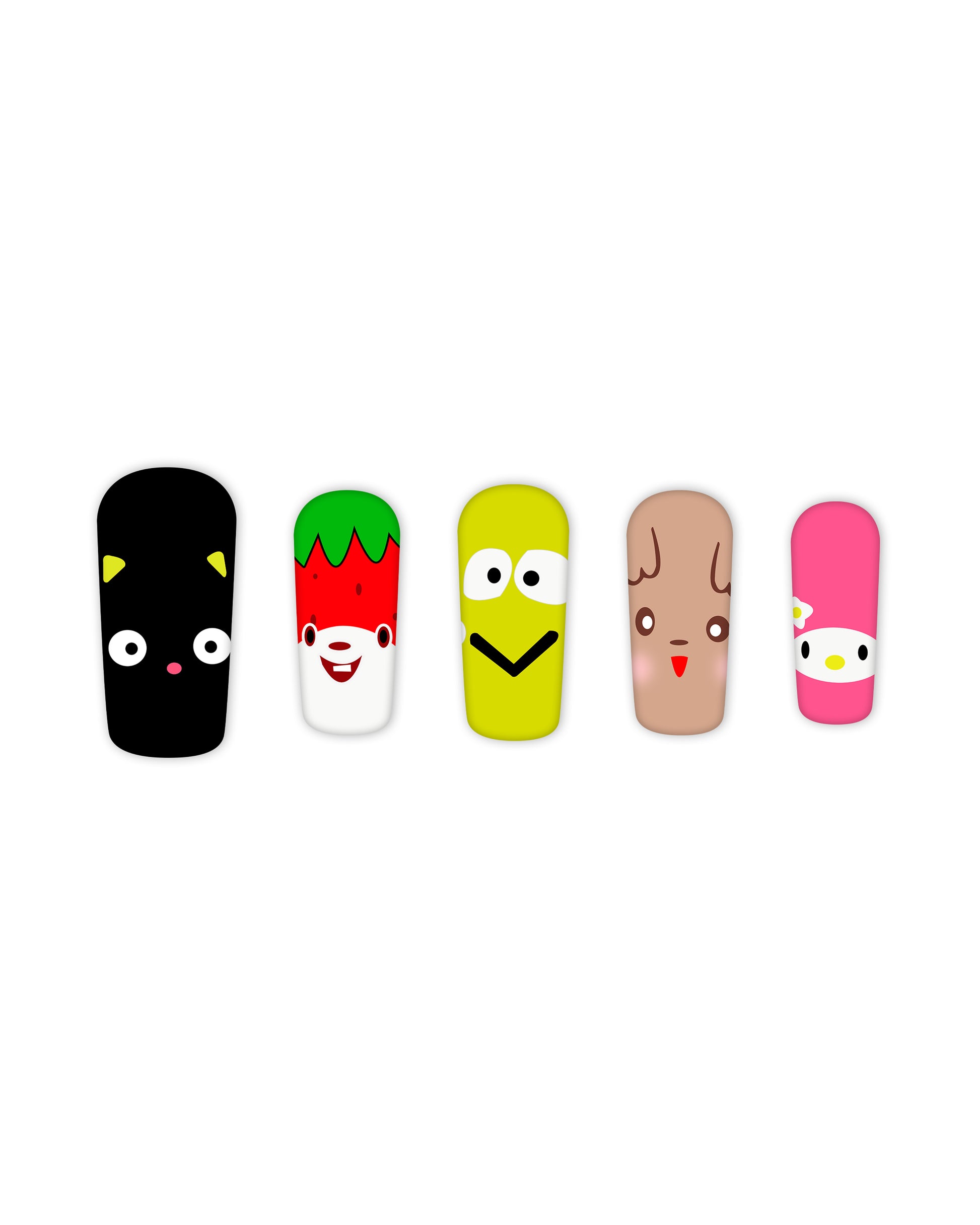 Cute character-themed press-on nails in a square shape, featuring a black cat, smiling strawberry, cheerful yellow face, blushing brown character, and a pink bunny with floral accents. Fun and vibrant fake nails, designed for quick and easy application — ideal for beauty lovers, nail art fans, and those seeking a playful manicure style.