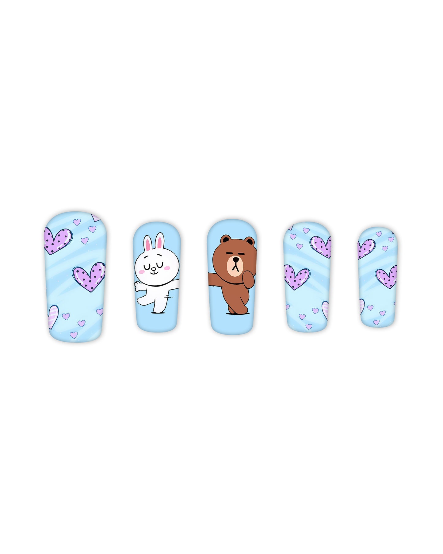 Light blue squoval press-on nails with purple heart patterns and cute cartoon bear and bunny characters, medium-length glossy fake nails, artificial nails, glue-on nails, false nails, ready-to-wear manicure.
