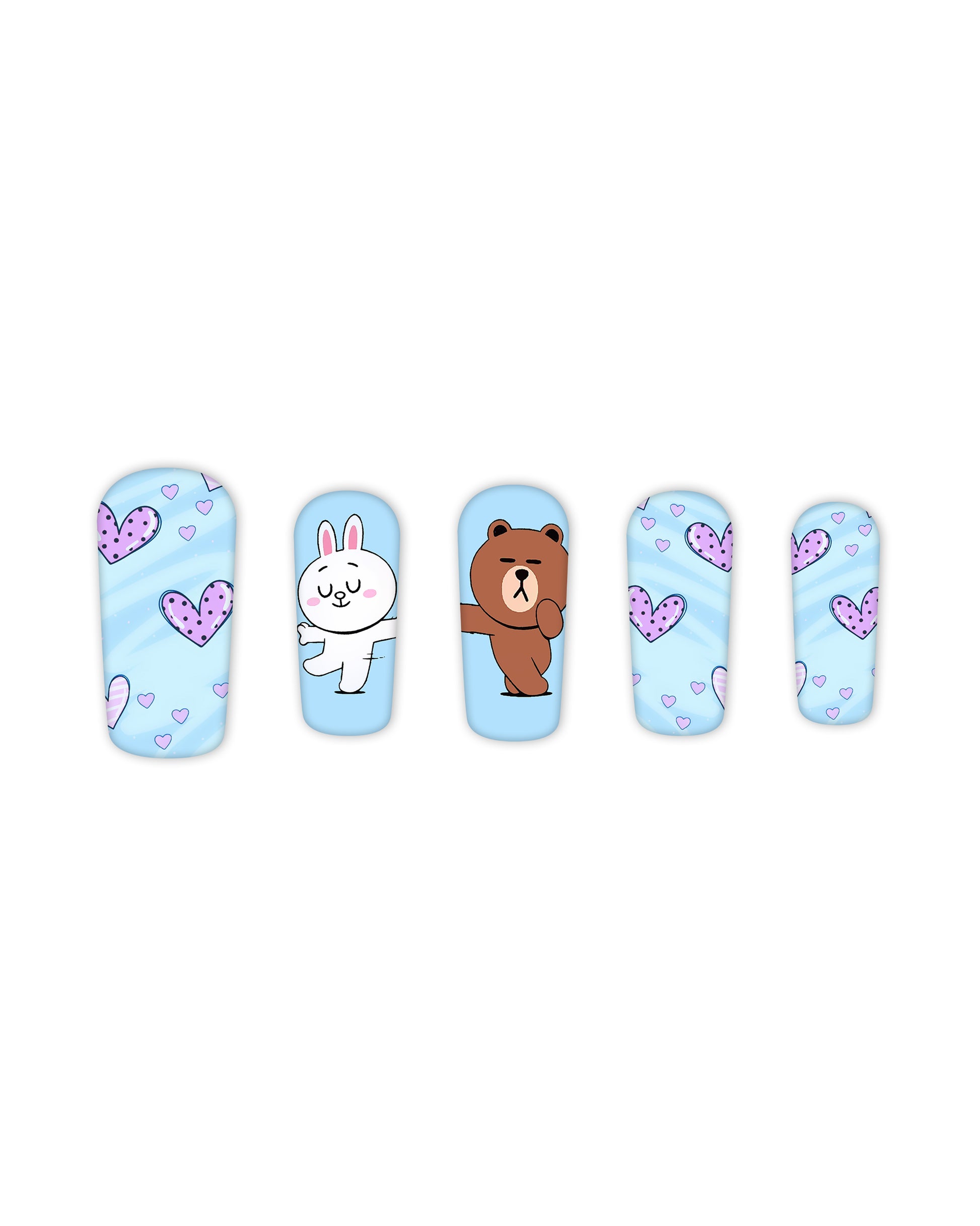 Light blue squoval press-on nails with purple heart patterns and cute cartoon bear and bunny characters, medium-length glossy fake nails, artificial nails, glue-on nails, false nails, ready-to-wear manicure.