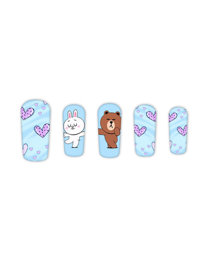 Light blue squoval press-on nails with purple heart patterns and cute cartoon bear and bunny characters, medium-length glossy fake nails, artificial nails, glue-on nails, false nails, ready-to-wear manicure.