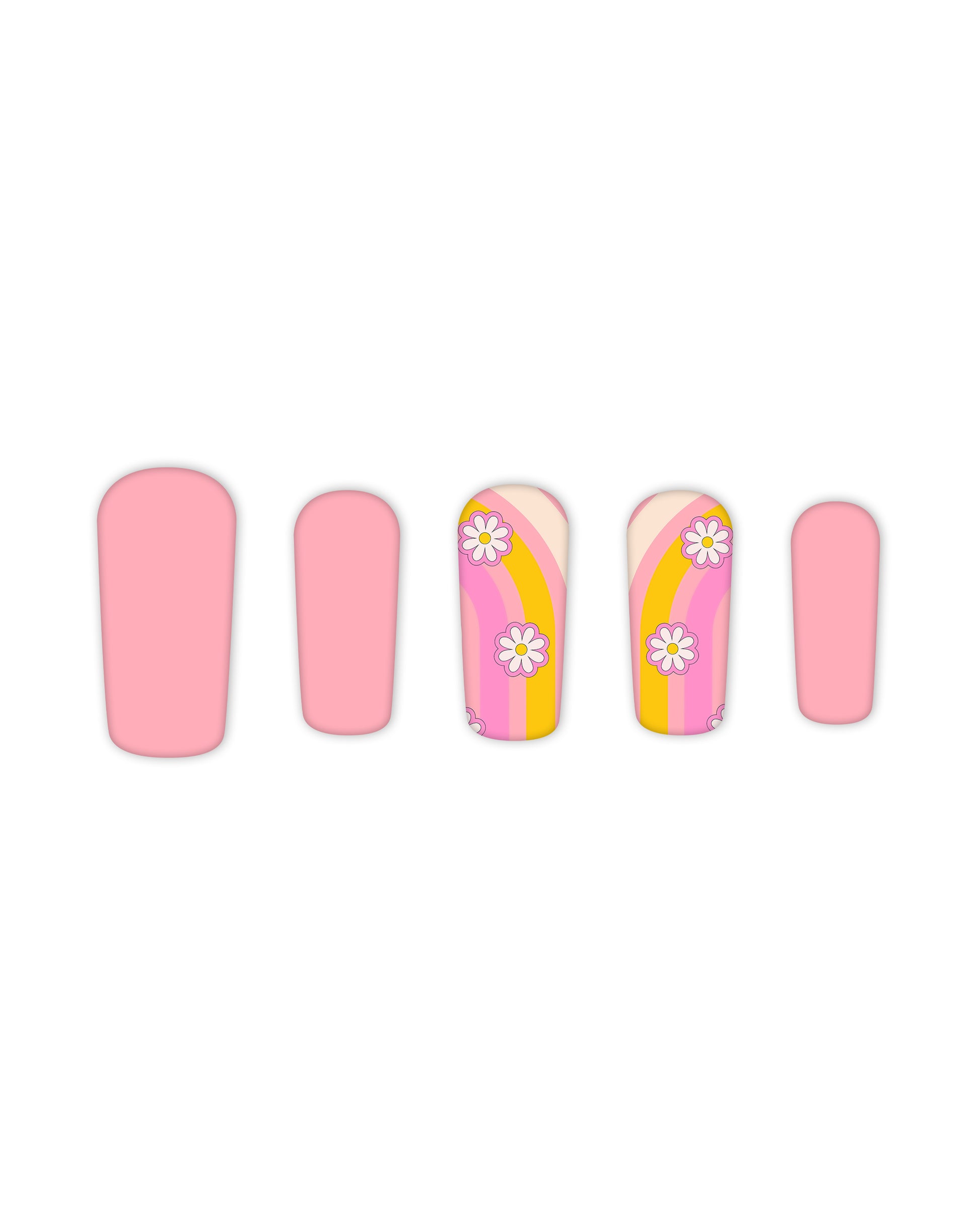 Square-shaped press-on nails with a pastel pink base, decorated with vibrant rainbow stripes and delicate daisy flowers. Perfect for a cheerful, quick, and easy-to-apply manicure. Ideal fake nails for beauty lovers seeking a fun and stylish nail art design.