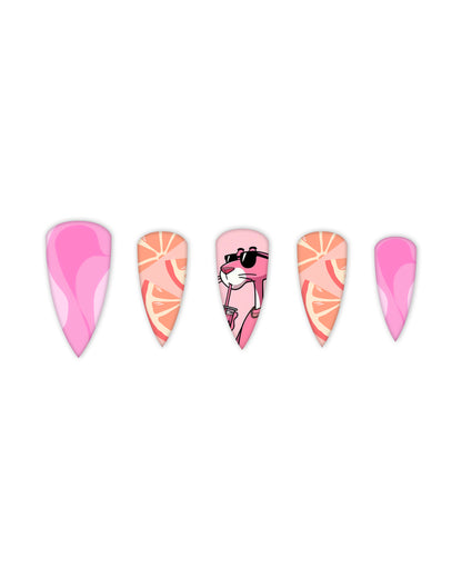 Chic stiletto-shaped press-on nails with bold pink and orange designs, featuring abstract pink swirls, citrus-inspired orange slice patterns, and a stylish pink panther character sipping a drink. Ideal for beauty enthusiasts looking for quick and easy-to-apply fake nails with a playful summer aesthetic.