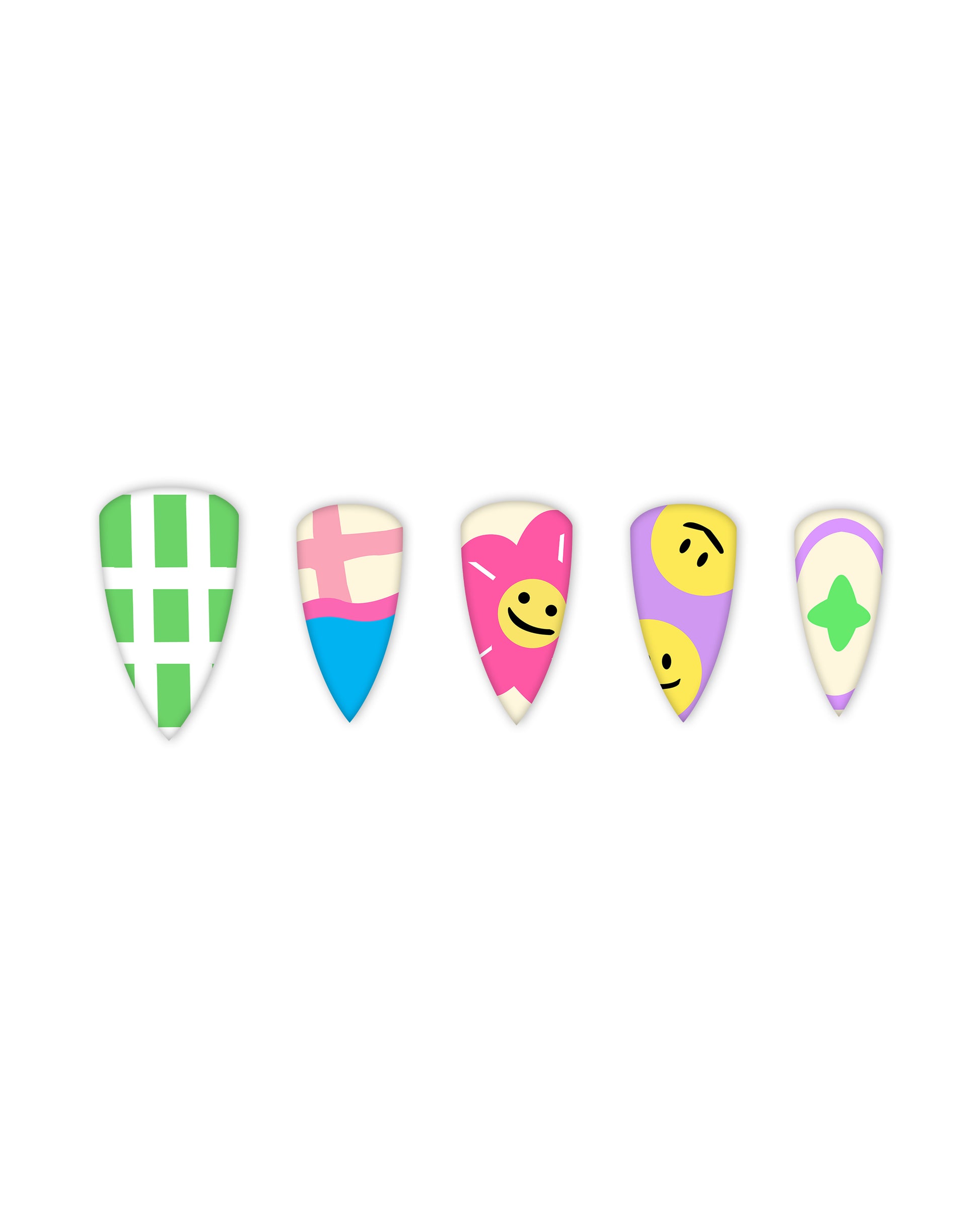 Stylish stiletto-shaped press-on nails set featuring five vibrant and playful designs: green and white checkered pattern, pink and blue color-block with a grid design, cream with a pink flower and a cheerful yellow smiley face, lavender with double yellow smiley faces, and cream with a purple oval and green star. Ideal for beauty enthusiasts seeking quick and easy-to-apply fake nails with trendy and artistic nail art.