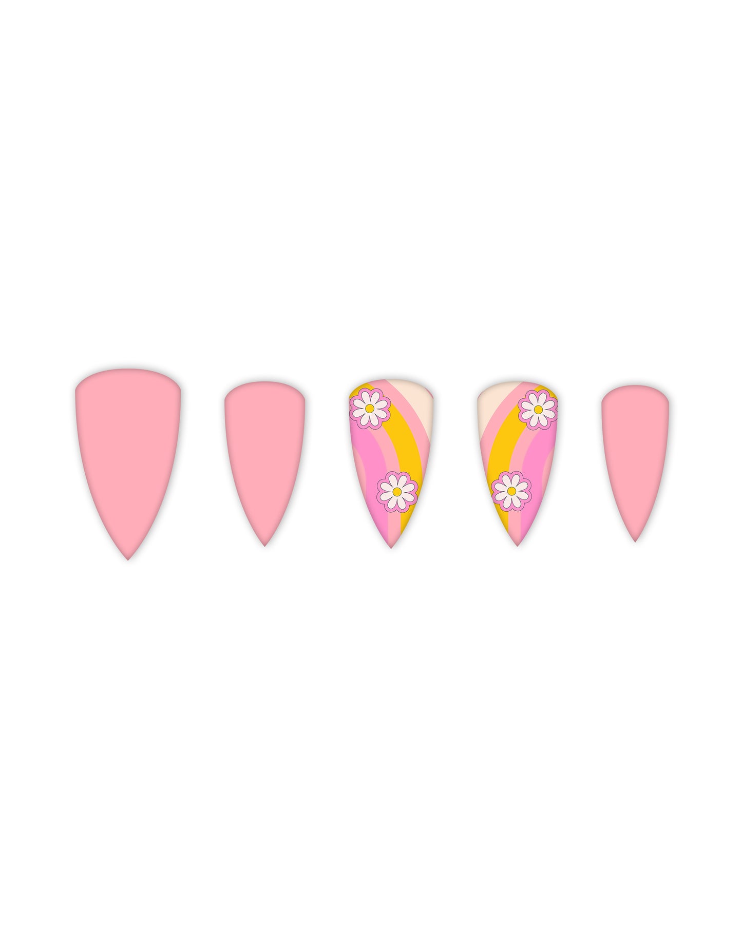 Almond-shaped press-on nails with a pastel pink base, featuring playful rainbow stripes and delicate white daisy floral accents. Quick and easy-to-apply fake nails for a vibrant, feminine manicure — ideal for beauty enthusiasts seeking a trendy nail design.