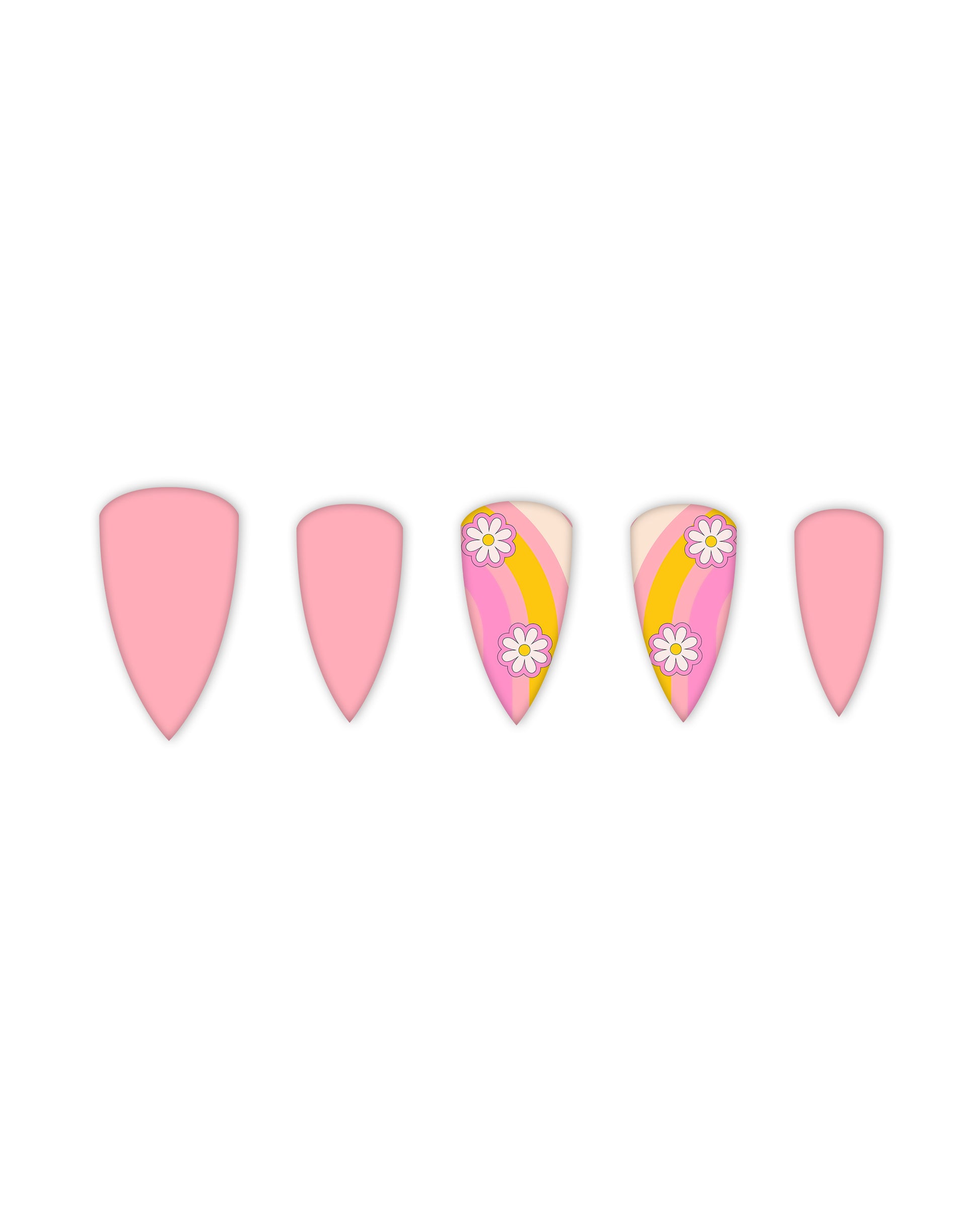 Almond-shaped press-on nails with a pastel pink base, featuring playful rainbow stripes and delicate white daisy floral accents. Quick and easy-to-apply fake nails for a vibrant, feminine manicure — ideal for beauty enthusiasts seeking a trendy nail design.