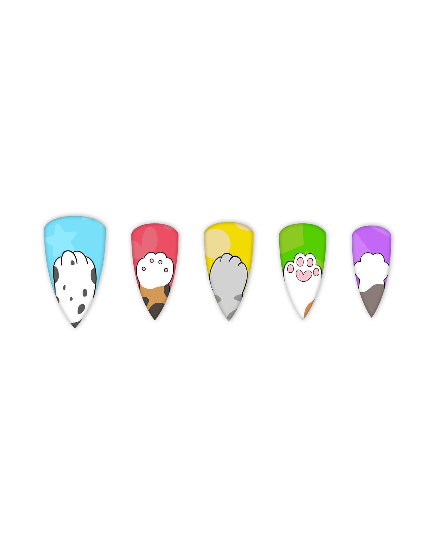 Cute cat paw stiletto press-on nails – colorful fake nails in pastel blue, red, yellow, green, and purple. Trendy nail art for beauty lovers, featuring unique feline-inspired designs. Easy-to-apply and reusable for a stylish manicure.