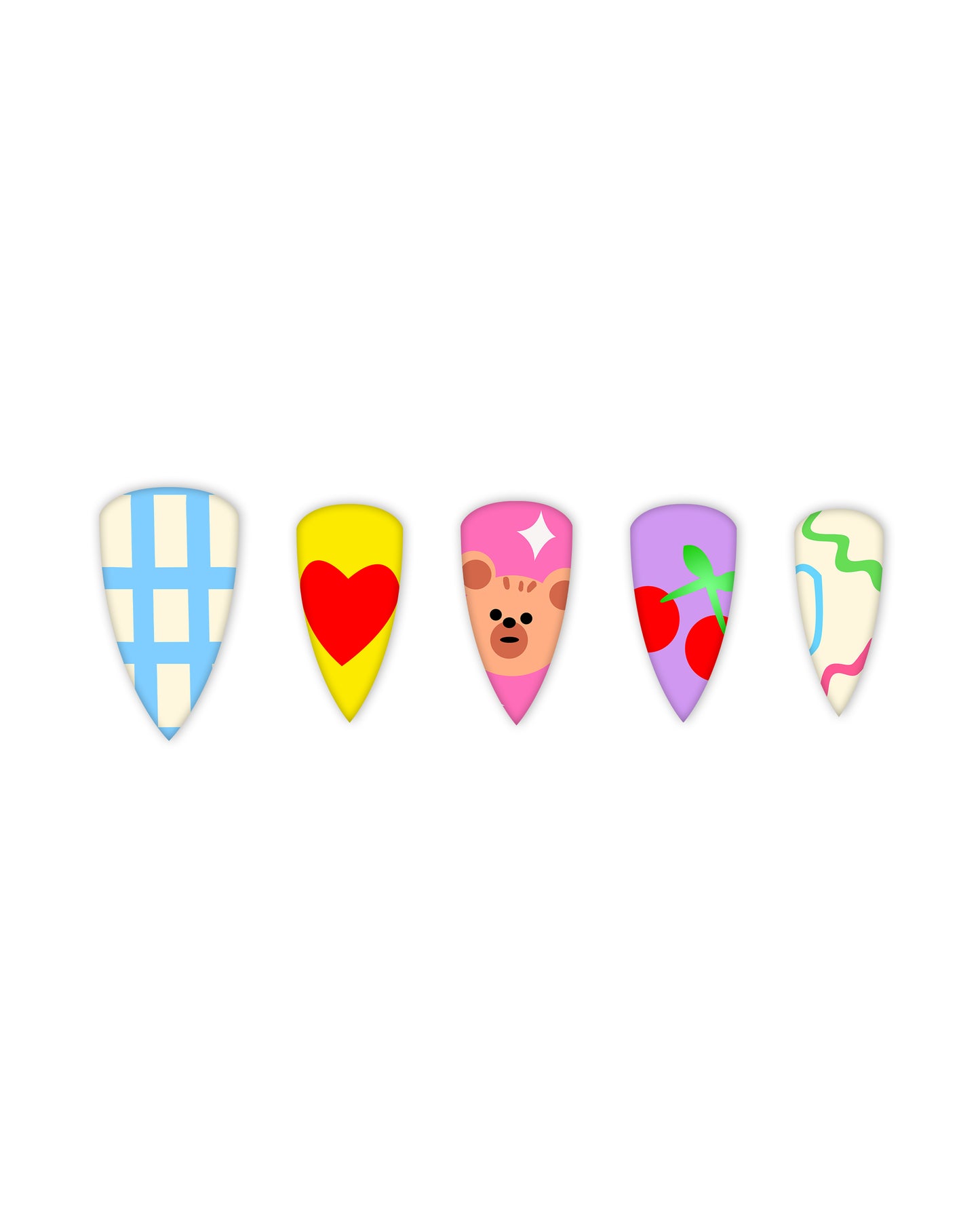 Trendy stiletto-shaped press-on nails set featuring five eye-catching designs: pastel blue checkered pattern, vibrant yellow with a bold red heart, pink with a cute bear face and white stars, lavender with juicy red cherries and green stems, and cream with colorful abstract squiggles. Perfect for beauty lovers seeking quick and easy-to-apply fake nails with stylish nail art.