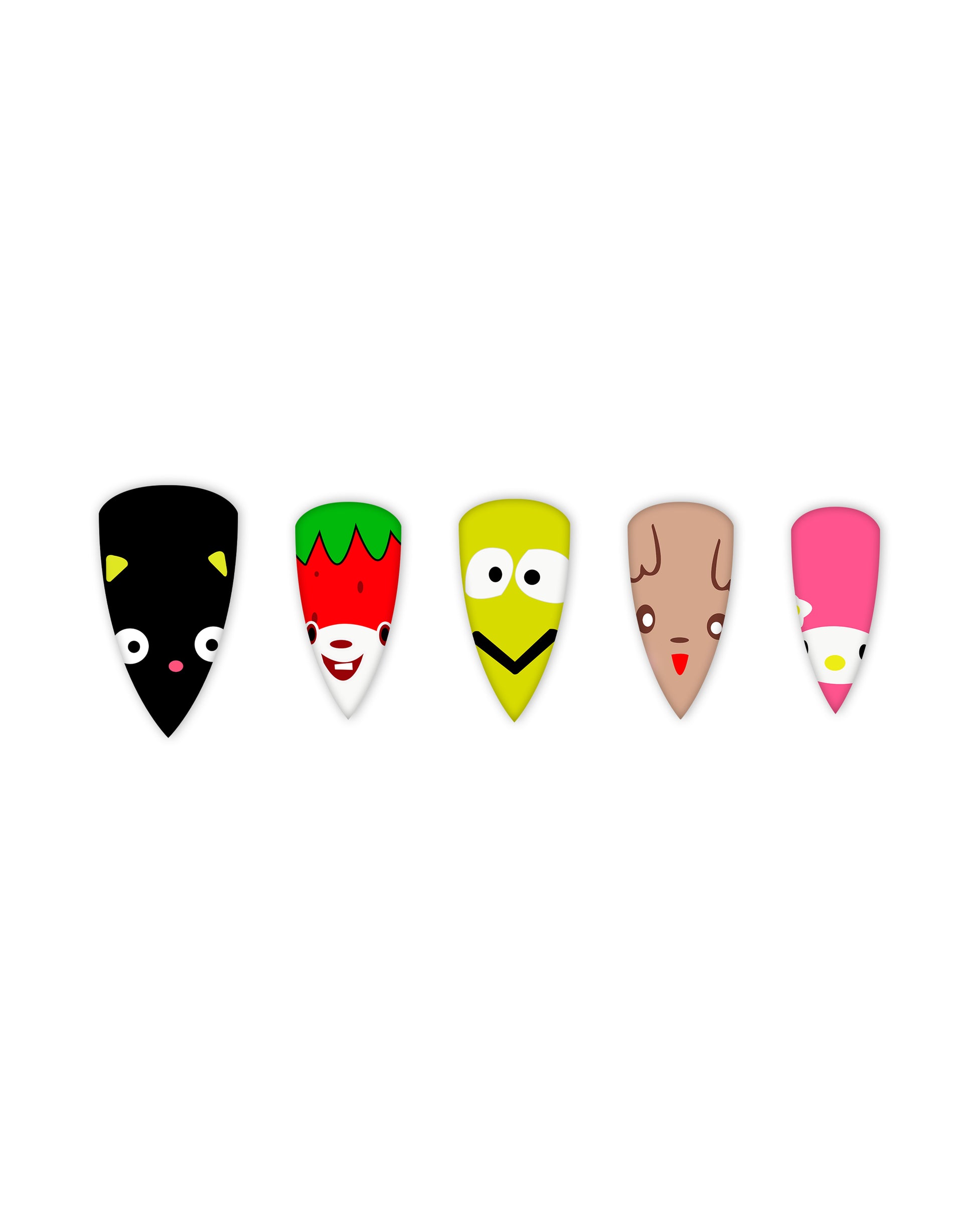 Playful and vibrant stiletto press-on nails featuring cartoon character designs, including a black cat, cheerful strawberry, silly yellow face, blushing brown character, and a pink bunny with white floral details. Easy-to-apply fake nails for a bold and trendy beauty statement, ideal for those who love fun and creative nail art.