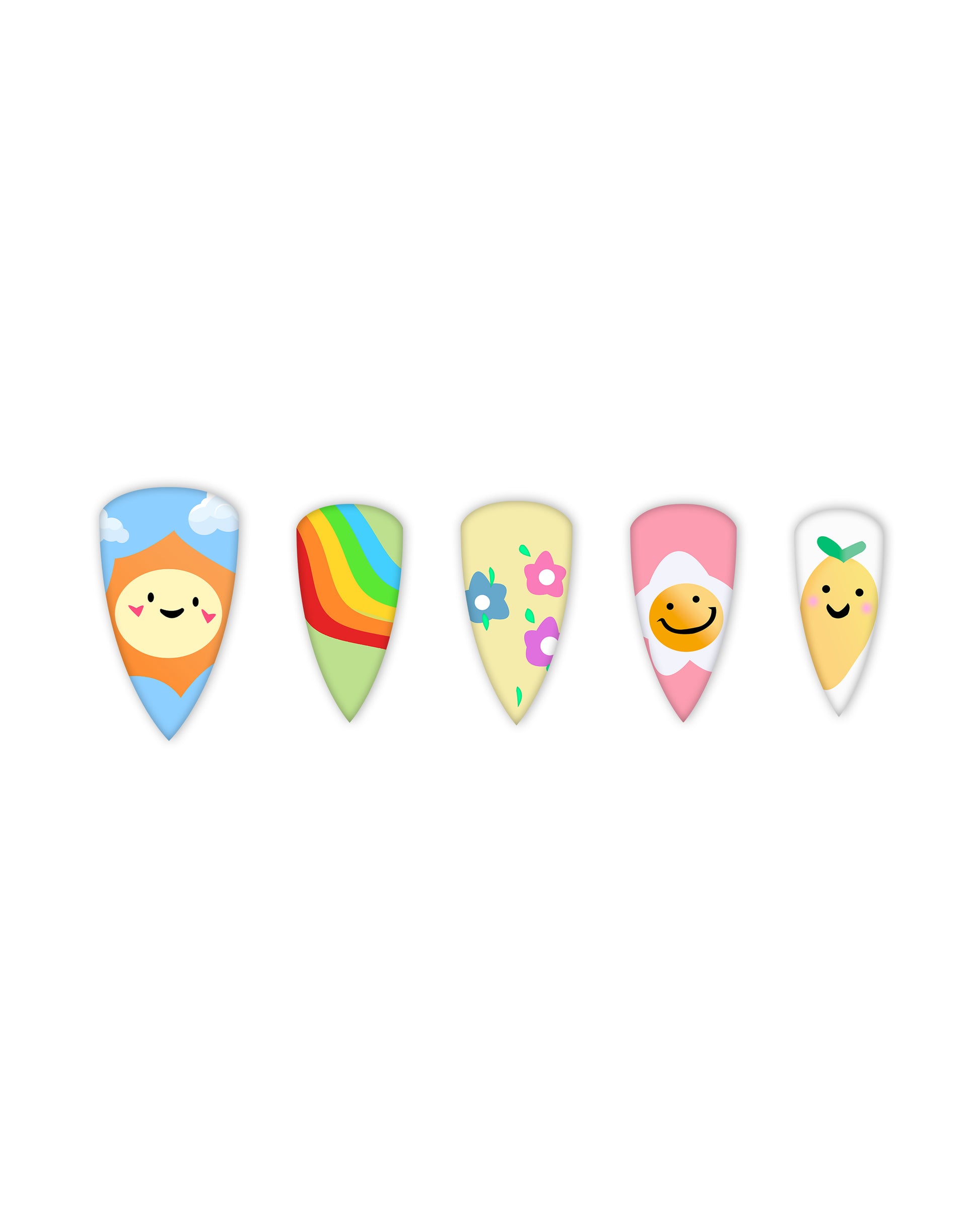 Stiletto press-on nails with pastel aesthetic designs – smiling sun, rainbow, floral, daisy smiley, and lemon nail art for a trendy and cute manicure.