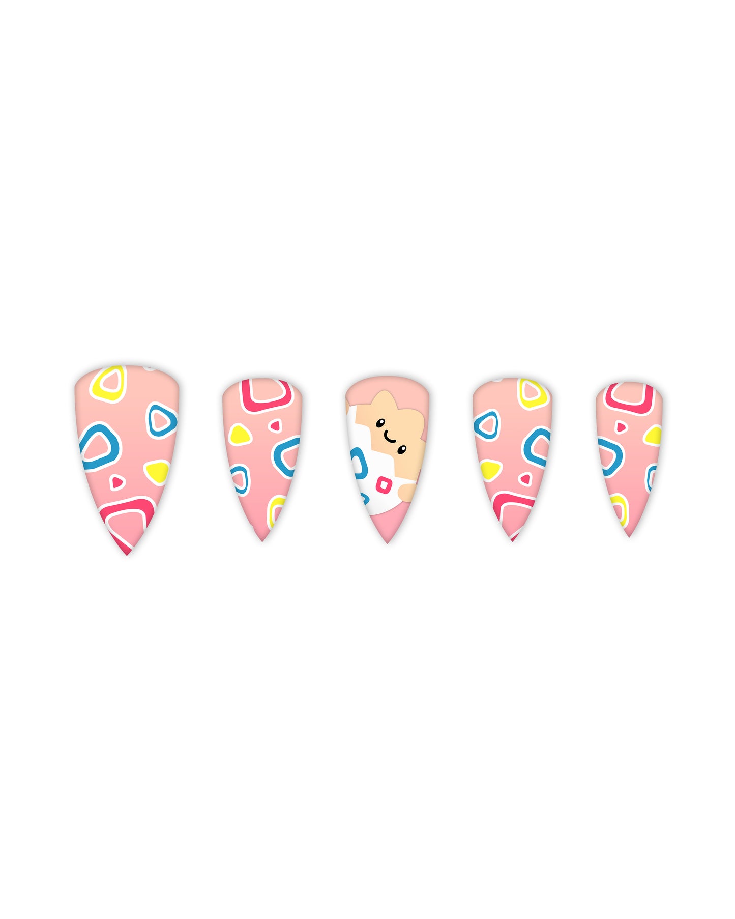 Pink stiletto press-on nails with colorful abstract patterns in blue, yellow, and red, featuring cute bear art, medium-length glossy fake nails, artificial nails, glue-on nails, false nails, ready-to-wear manicure.