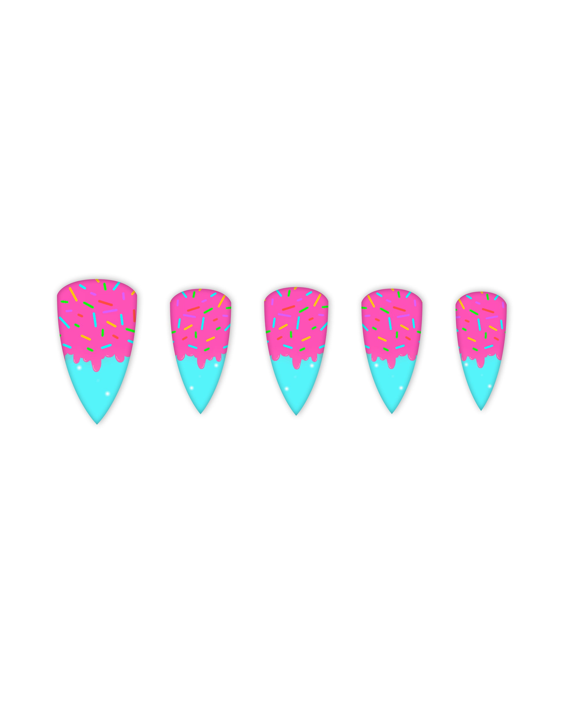 Stiletto-shaped press-on nails with dripping pink frosting and rainbow sprinkles on a vibrant turquoise base – candy-themed artificial nails, fake glue-on nails, donut-inspired nail art for playful manicures.