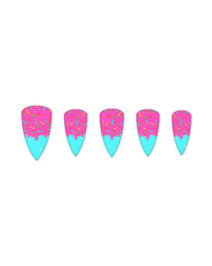 Stiletto-shaped press-on nails with dripping pink frosting and rainbow sprinkles on a vibrant turquoise base – candy-themed artificial nails, fake glue-on nails, donut-inspired nail art for playful manicures.